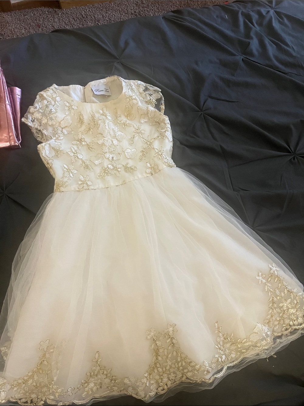 Girls Ivory Tulle Party Dress with Gold Floral Appliqué